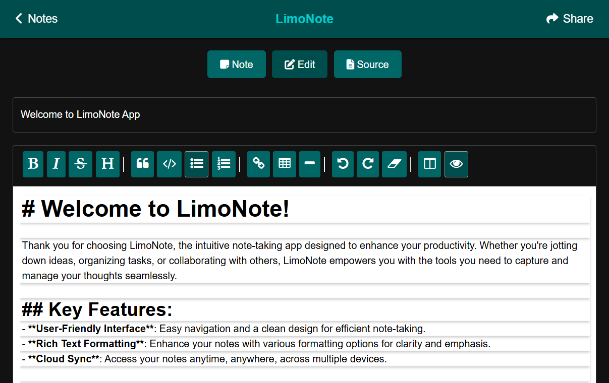 LimoNote App Screenshot